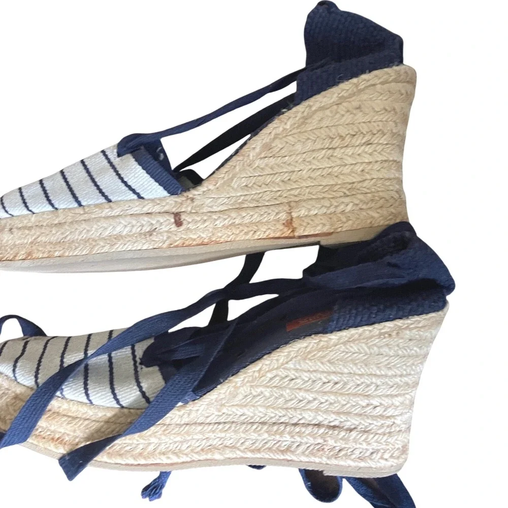 Pare Gabia France Blue White Stripe Lace Up Ankle Wedge Espadrilles Handmade 8.5